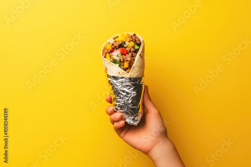 Bold Burrito Wrapped in Foil on Yellow Background