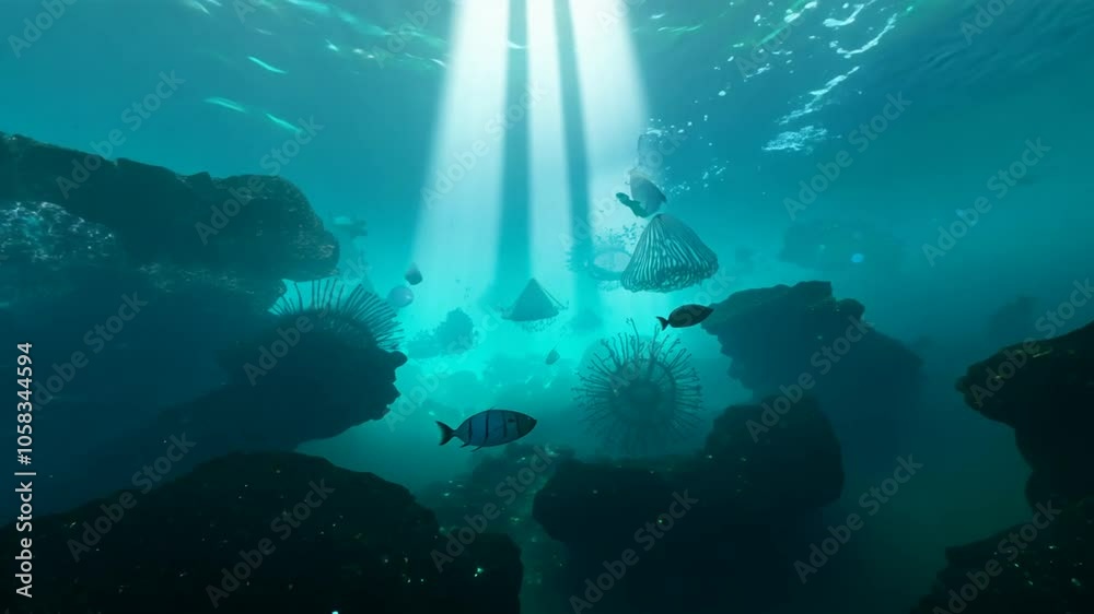 sea volumetricloop underwater particles 20 moving scene lighting second forward surreal ocean light rays wave particle floor nobody animation color image deep submerged nature loop video glow blue te