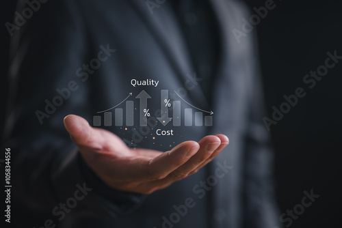 Control Quality and cost optimization for products or services to improve customer satisfaction, enhance company performance. Businessman touching concept. Successful corporate strategy, management.