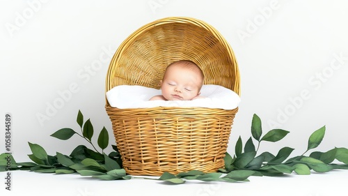 Baby in a wicker basket, surrounded by greenery, serene elegance, Watercolor style