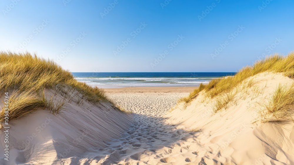 A serene beach view with soft sand dunes and clear blue skies, perfect for evoking relaxation and natural beauty. A serene beach view with soft sand dunes and clear blue skies, perfect for evoking relaxation and natural beauty.