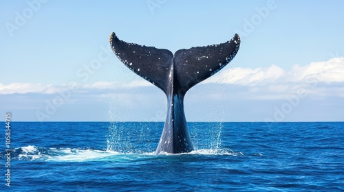 A magnificent whale tail breaches the surface of the ocean, capturing the beauty of marine wildlife and nature in stunning detail. photo