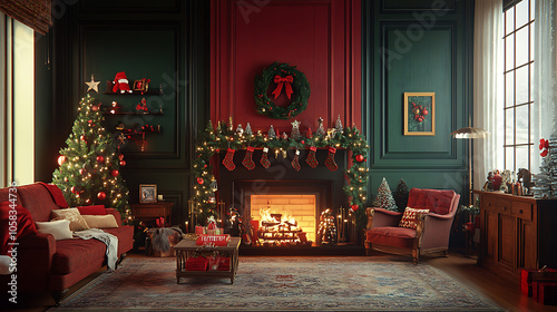 Cozy living room decorated for Christmas with red and green accents, featuring fireplace