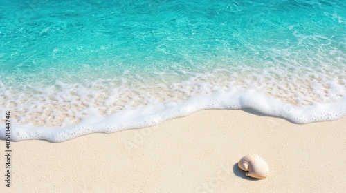 A serene beach scene featuring gentle waves lapping at the soft sand, with a beautiful shell resting nearby.