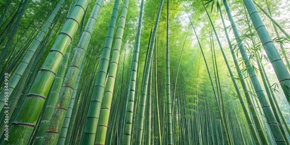 A symphony of vibrant green bamboo stalks reaching towards the sky, creating a calming and serene atmosphere. A symphony of vibrant green bamboo stalks reaching towards the sky, creating a calming and serene atmosphere.