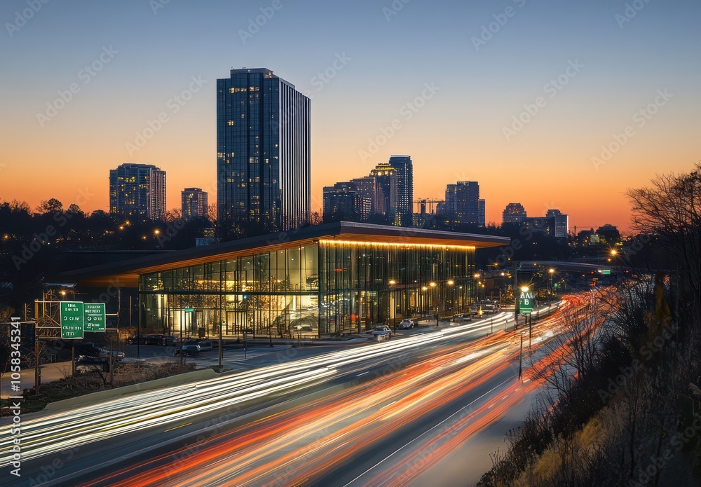 Obraz premium City Highway with Light Trails at Sunset