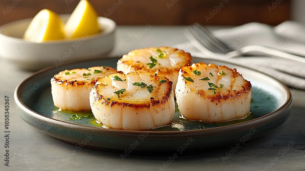 Deliciously seared scallops served with fresh lemon wedges and garnished with herbs for a gourmet treat Deliciously seared scallops served with fresh lemon wedges and garnished with herbs for a gourmet treat