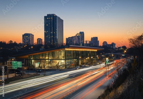City Highway with Light Trails at Sunset