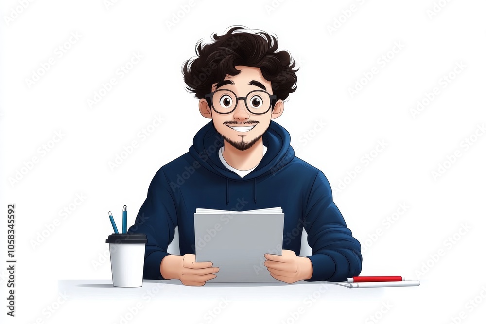 a 2D cartoon illustration of a student taking notes while reading attentive and organized white background a 2D cartoon illustration of a student taking notes while reading attentive and organized white background