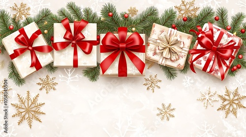 Christmas Gift Boxes with Pine Branches and Snowflakes for Festive Background Design Soft Pastel Background for Graphic Design Templates