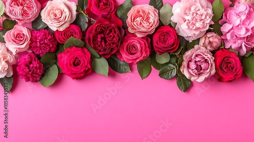 Pink and Red Roses Border on Pink Background for Valentine's Day or Wedding Clean Blank Canvas with Empty Space for Designs