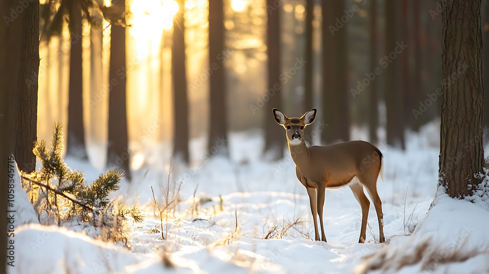 deer stands gracefully in snowy pine forest, illuminated by soft winter light deer stands gracefully in snowy pine forest, illuminated by soft winter light