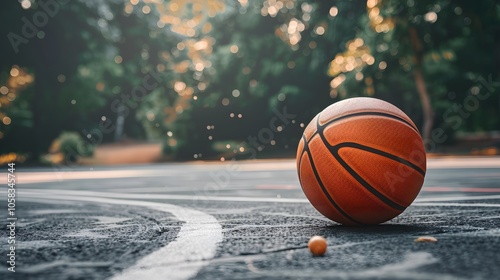 Outdoor Basketball Court at Sunset with a Close up Ball