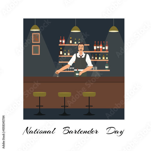 National Bartender Day. A minimalist illustration of the bartender behind the bar counter