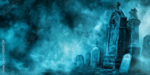 Spooky Graveyard with Fog for Halloween Background Clean Blank Canvas with Empty Space for Designs