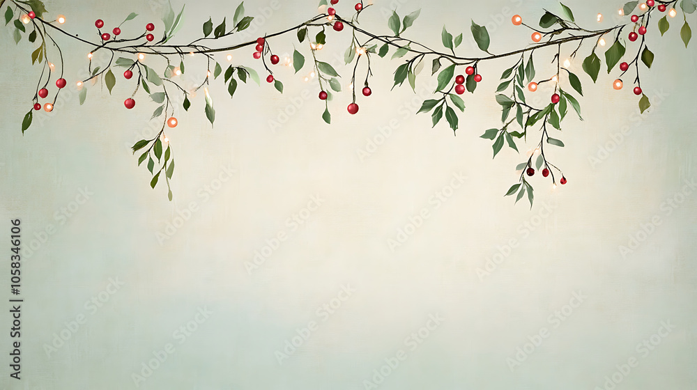 Festive garlands with berries create cheerful atmosphere on muted background Festive garlands with berries create cheerful atmosphere on muted background