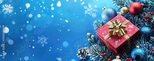 Banner-formatted festive Christmas background in blue with a gift box and holiday decor.