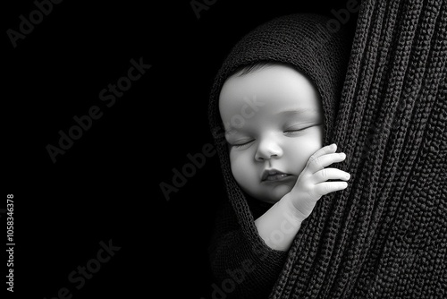 A newborn baby sleeping peacefully with soft lighting, capturing the delicate, serene innocence of early life, symbolizing calm and tenderness photo