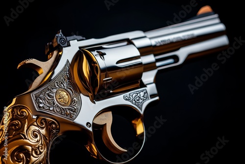 Close-up of a classic revolver with intricate engravings on the barrel, set against a dark background capturing the craftsmanship and detail of a traditional firearm, symbolizing precision and
