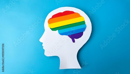 top view flat Paper Cut Craft of human rainbow brain on pink background photo