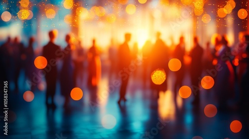 Blurred background of an elegant event with people dancing and socializing