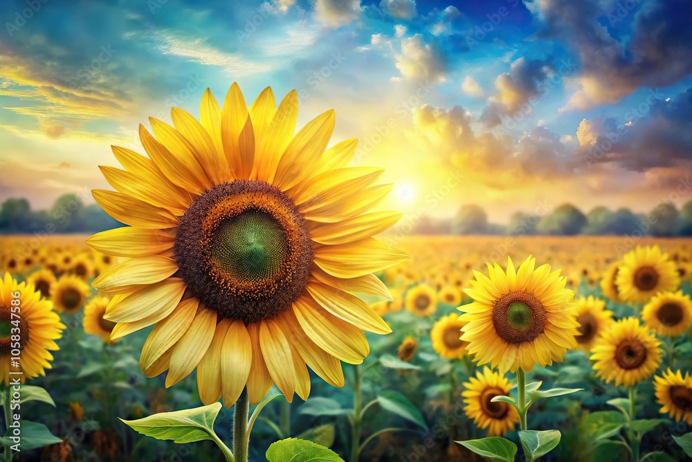Obraz premium Watercolor-style painting of a field of sunflowers with bright yellow petals and dark centers, floral, watercolor, illustration, botanical