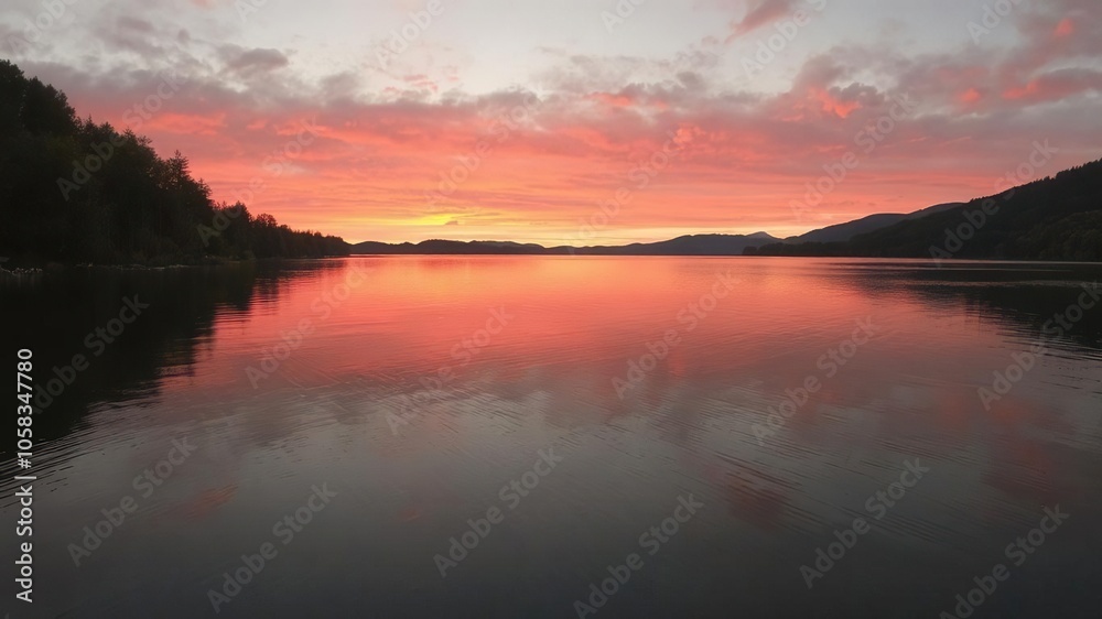 Vivid orange and pink hues reflecting on calm waters of Hintersee lake during autumn sunset, nature, reflection, sky Vivid orange and pink hues reflecting on calm waters of Hintersee lake during autumn sunset, nature, reflection, sky