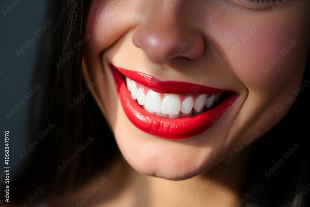 Close-Up of Woman Smiling with Red Lipstick and White Teeth.generative AI
Close-Up of Woman Smiling with Red Lipstick and White Teeth.generative AI