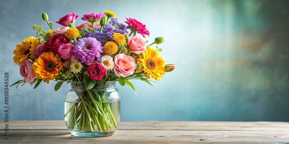 Vibrant bouquet of mixed flowers in a clear glass vase, fresh cut blooms, floral decor, display, vibrant flowers, floral design