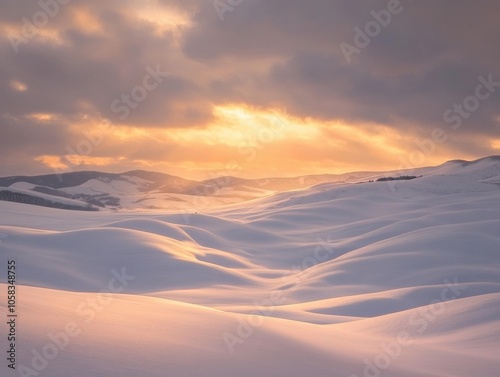 Serene winter landscape with snowy hills at sunset over rolling countryside