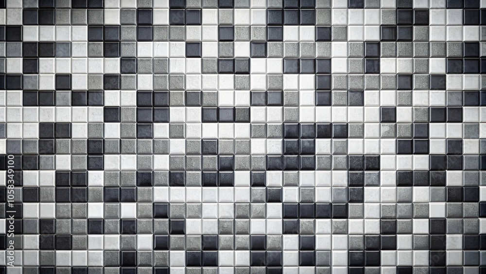 Textured black and white geometric mosaics wallpaper with a 3D effect created by small squares of varying colors and textures in shades of gray and white, abstract pattern, white Textured black and white geometric mosaics wallpaper with a 3D effect created by small squares of varying colors and textures in shades of gray and white, abstract pattern, white