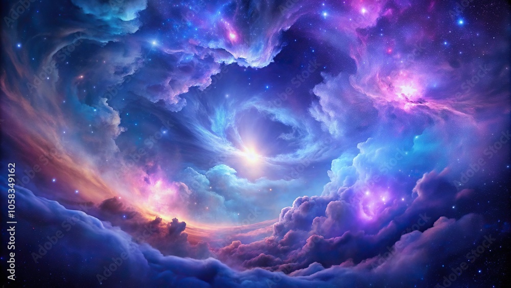 Swirling clouds of purple and blue gas stretch across a starry night sky with vibrant stars and a central nebula, space background, galaxy wallpaper Swirling clouds of purple and blue gas stretch across a starry night sky with vibrant stars and a central nebula, space background, galaxy wallpaper
