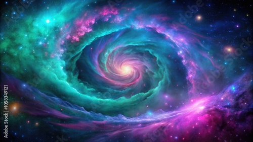 Swirling purple nebula with vibrant pink stars and blue-green gas clouds set against a dark starry night sky background, celestial bodies, galaxy