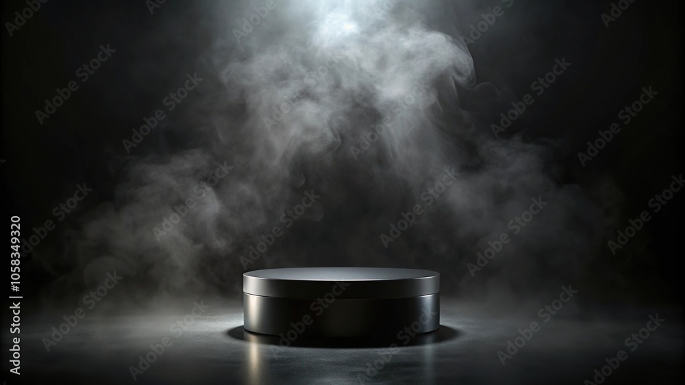 Empty cylindrical black podium with realistic smoke on dark background Empty cylindrical black podium with realistic smoke on dark background