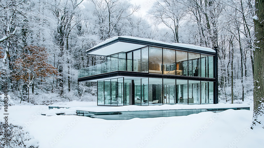 Modern glass house covered in snow, surrounded by serene forest backdrop Modern glass house covered in snow, surrounded by serene forest backdrop