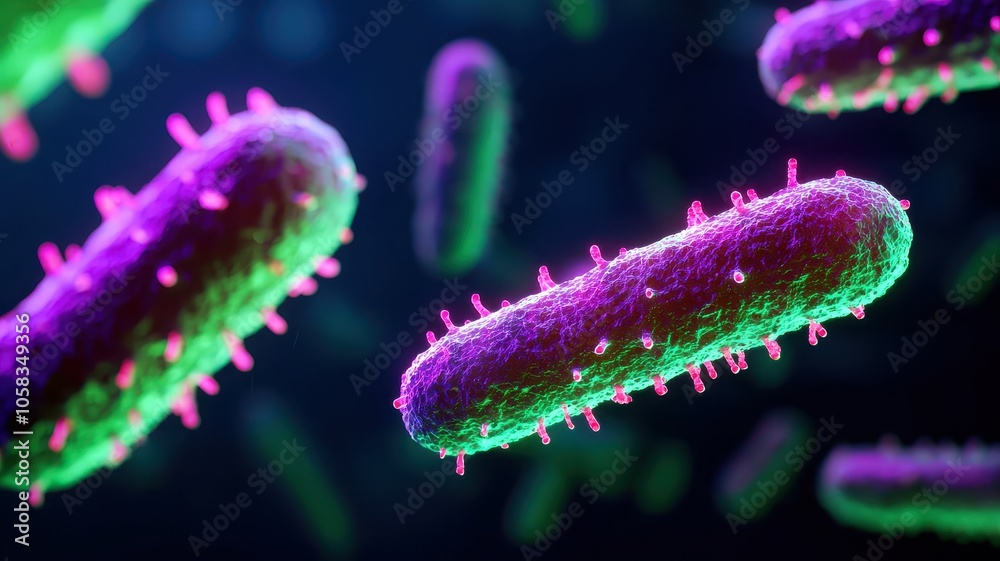 A vivid depiction of colorful bacteria, showcasing their unique shapes and structures against a dark background, emphasizing their microscopic beauty. A vivid depiction of colorful bacteria, showcasing their unique shapes and structures against a dark background, emphasizing their microscopic beauty.