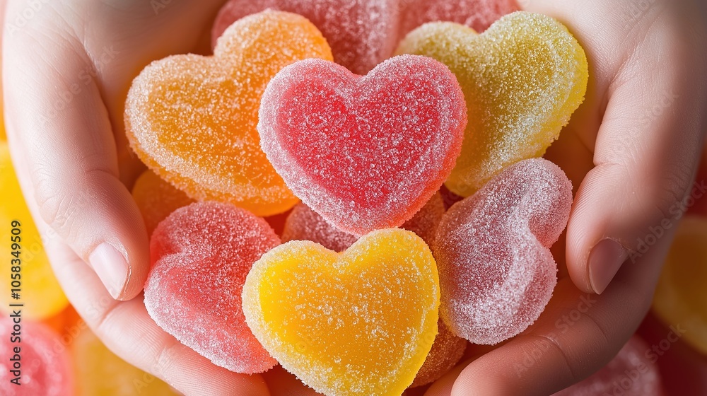 Colorful heart-shaped candies held in hands, a symbol of care and sweetness. A beautiful and charming sight that brings joy and warmth. Colorful heart-shaped candies held in hands, a symbol of care and sweetness. A beautiful and charming sight that brings joy and warmth.