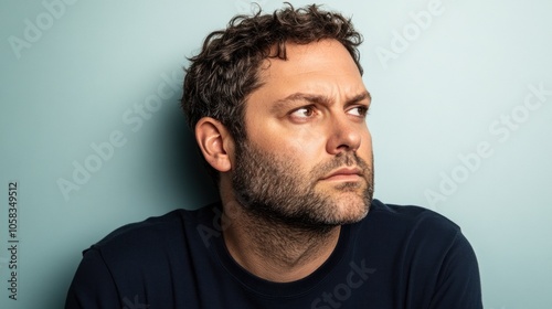 A man with a contemplative expression against a light background.