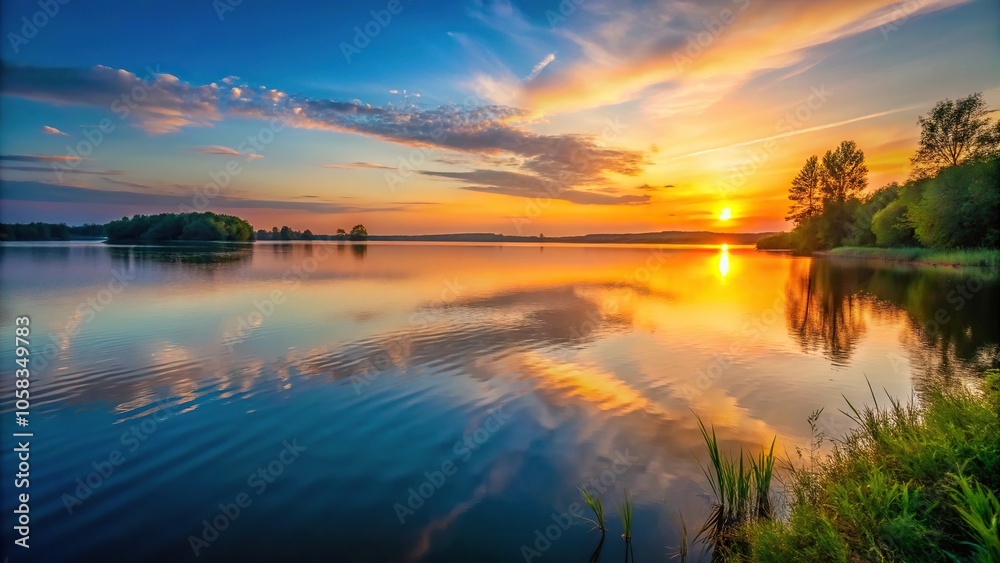 Obraz premium Softly fading light of sunset casting long shadows across a serene lake at dusk, water, serene lake, fading light, evening sky, long shadows