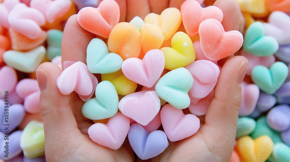 Colorful heart-shaped candies held in hands, a symbol of care and sweetness. A beautiful and charming sight that brings joy and warmth. Colorful heart-shaped candies held in hands, a symbol of care and sweetness. A beautiful and charming sight that brings joy and warmth.