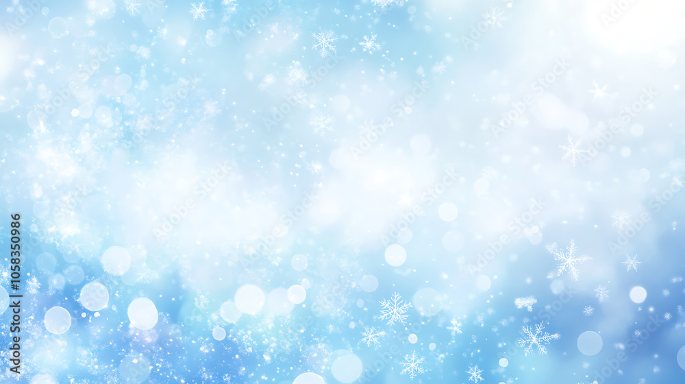 Soft blue background with falling snowflakes creates serene winter atmosphere Soft blue background with falling snowflakes creates serene winter atmosphere