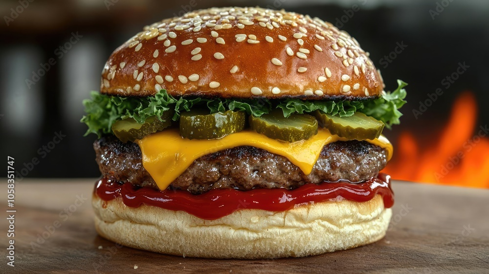 Delicious cheeseburger with fresh ingredients on a wooden surface. Delicious cheeseburger with fresh ingredients on a wooden surface.