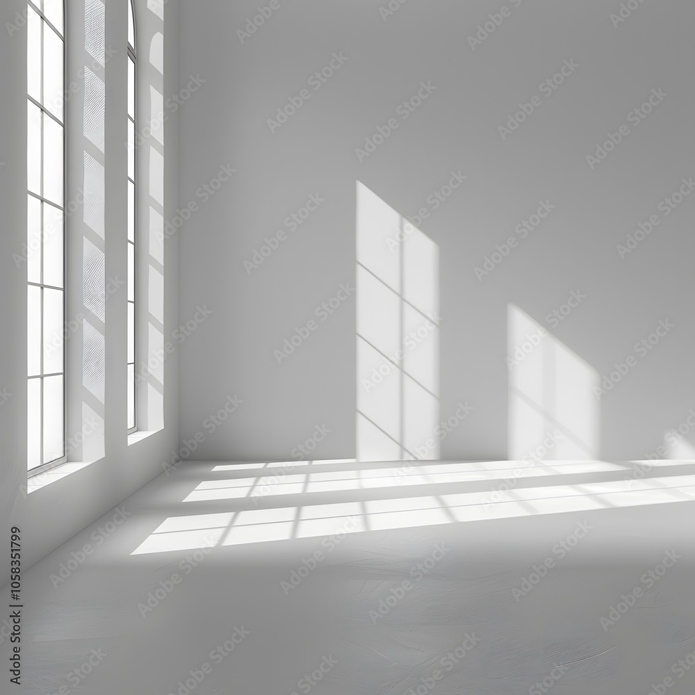Obraz premium A minimalist interior with large windows casting shadows on a white wall and floor.
