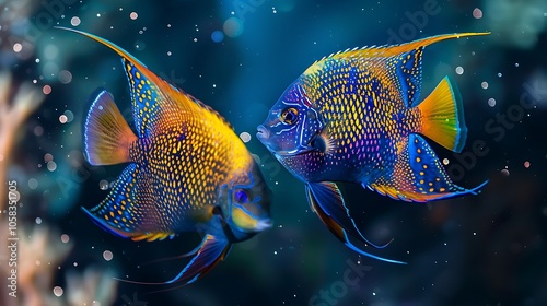  A colorful pair of angelfish performing a mesmerizing underwater ballet as part of their courtship. photo