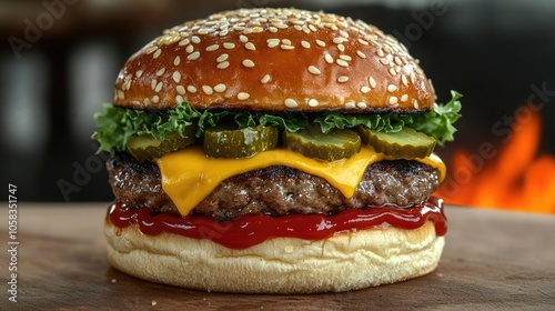 Delicious cheeseburger with fresh ingredients on a wooden surface.