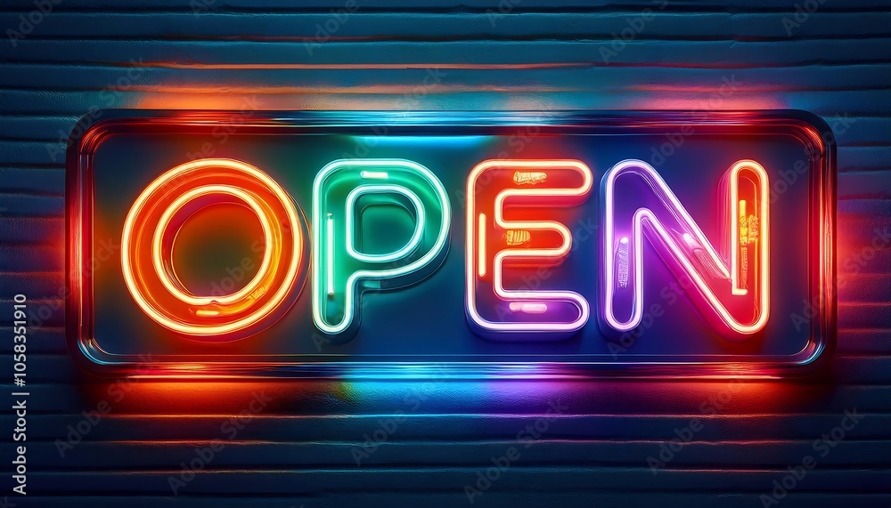 Close up view of a bright neon Open sign showcasing colorful glass tubing in a night setting. Generative AI Close up view of a bright neon Open sign showcasing colorful glass tubing in a night setting. Generative AI
