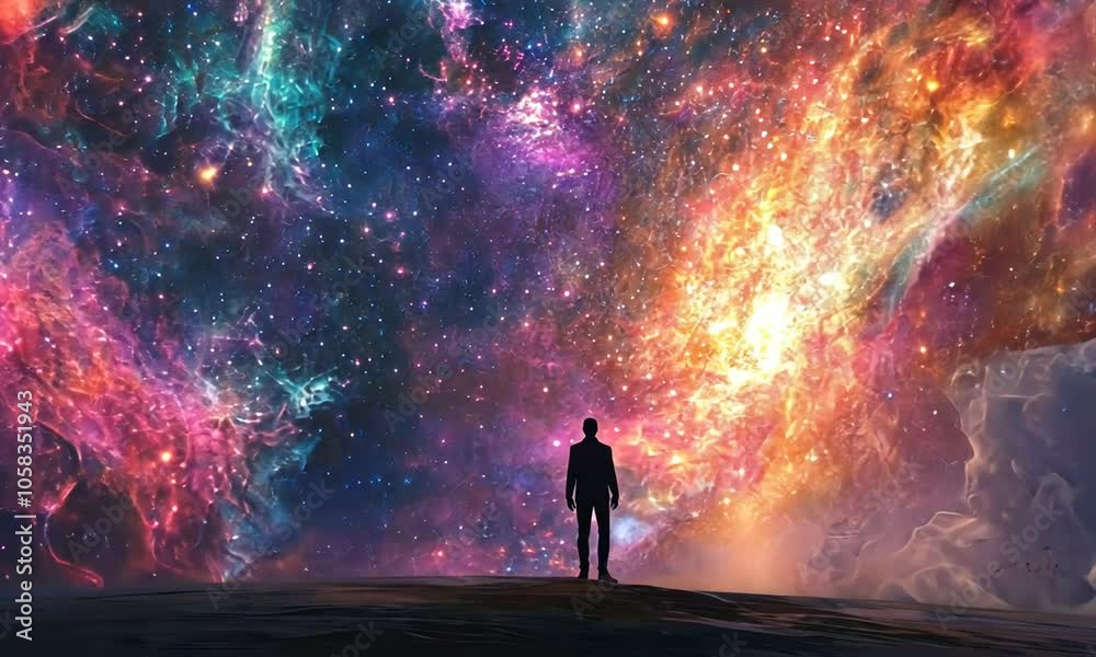 A Solitary Figure Gazing at the Cosmic Expanse A Solitary Figure Gazing at the Cosmic Expanse