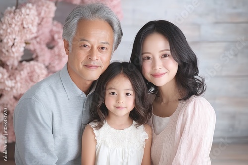 Happy Asian Multi-Generation Family - Grandfather, Mother, and Little Daughter Smiling photo