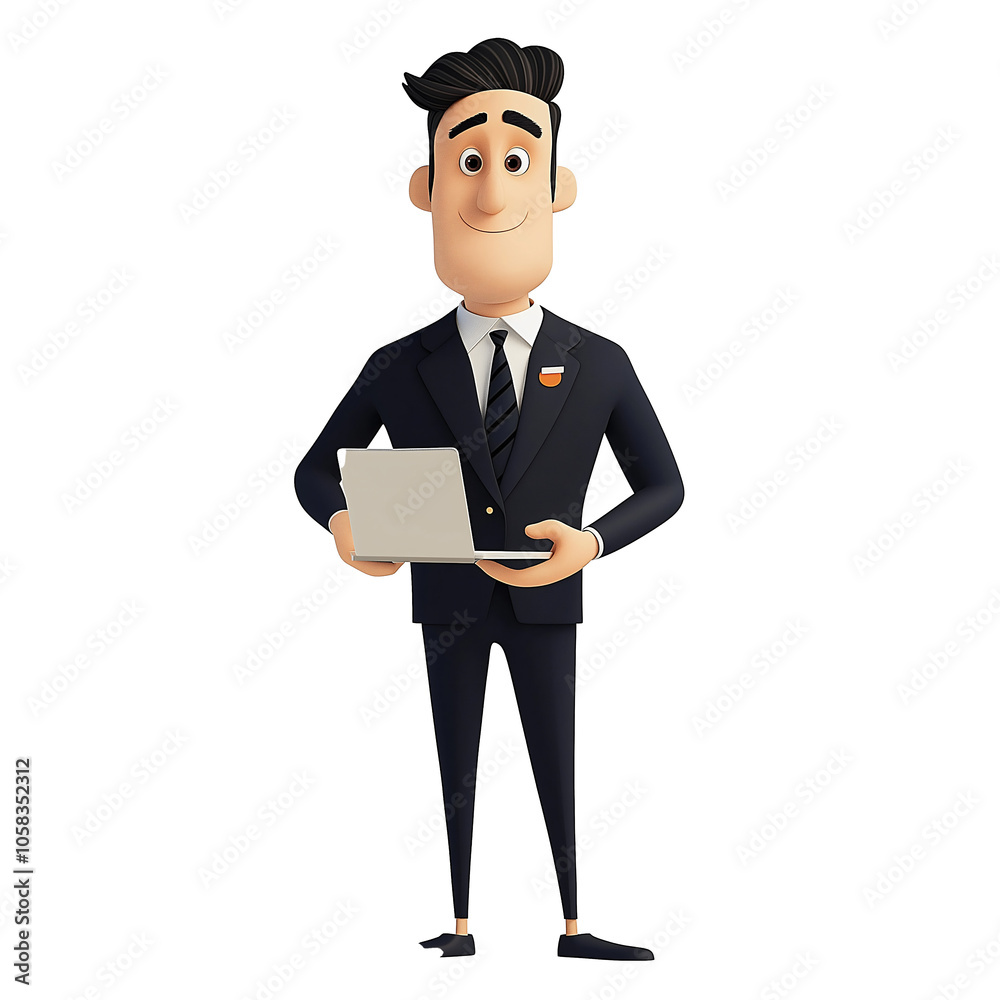 A 3D character design of a stylish businessman in formal attire holding a laptop. This character is set against a minimalistic workspace backdrop, demonstrating digital creativity A 3D character design of a stylish businessman in formal attire holding a laptop. This character is set against a minimalistic workspace backdrop, demonstrating digital creativity