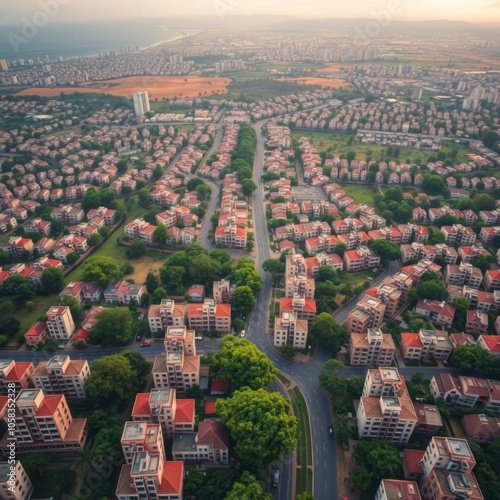 Aerial view of urban landscape, densely packed residential buildings, green parks, symmetrical city planning, sunset sky, warm orange hues, geometric patterns, urban development, bird's eye perspectiv photo